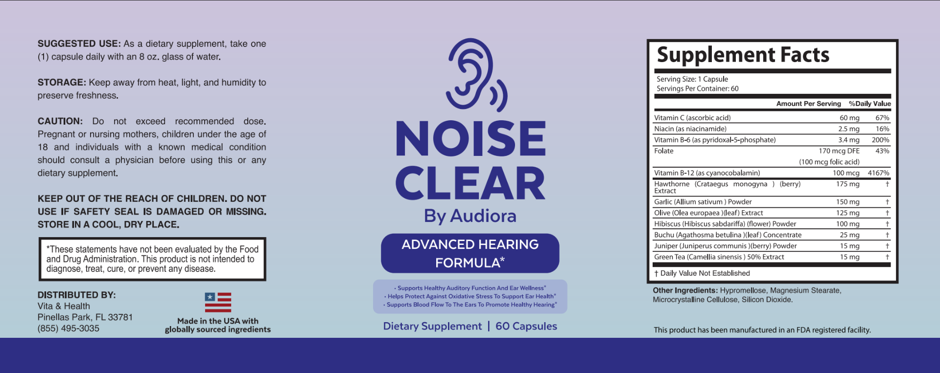NoiseClear supplement facts label
